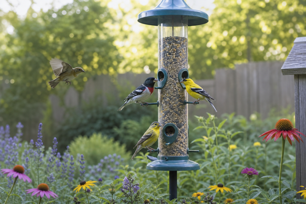 Songbirds visiting a backyard feeder in a native garden