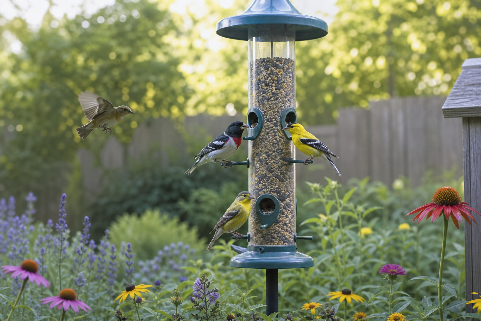 Songbirds visiting a backyard feeder in a native garden