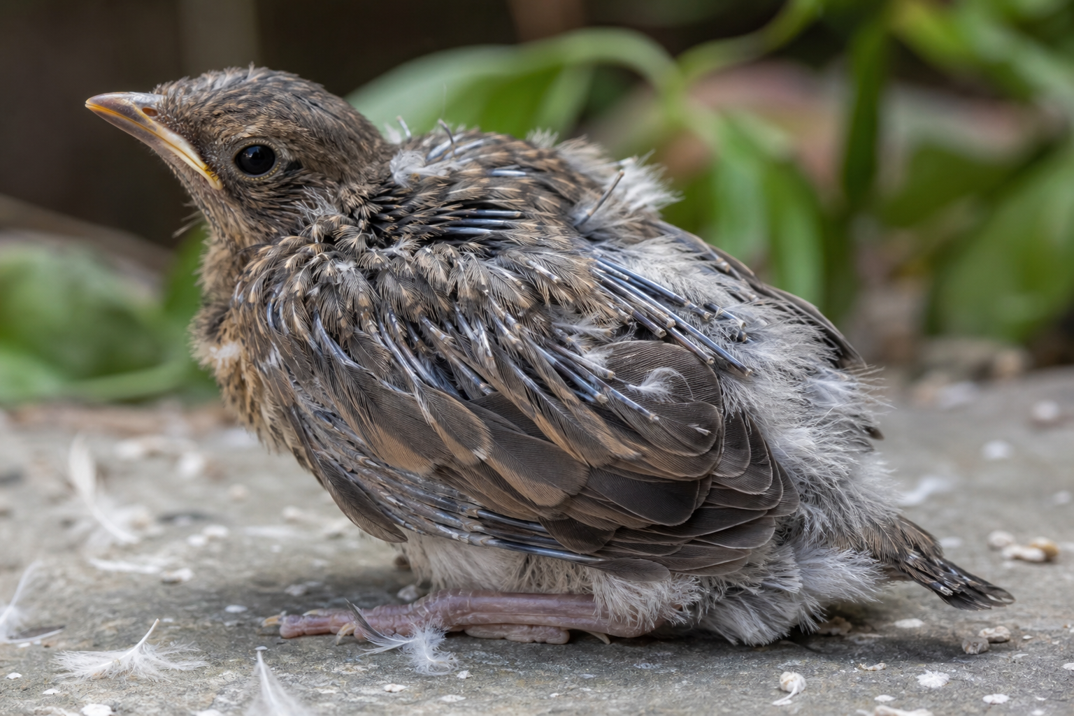Close-up of a bird showing pin feathers during molt