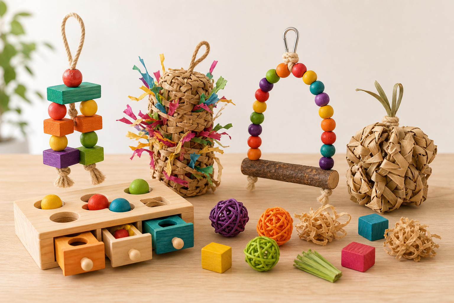 Assortment of pet bird toys including wood shreddables and puzzles