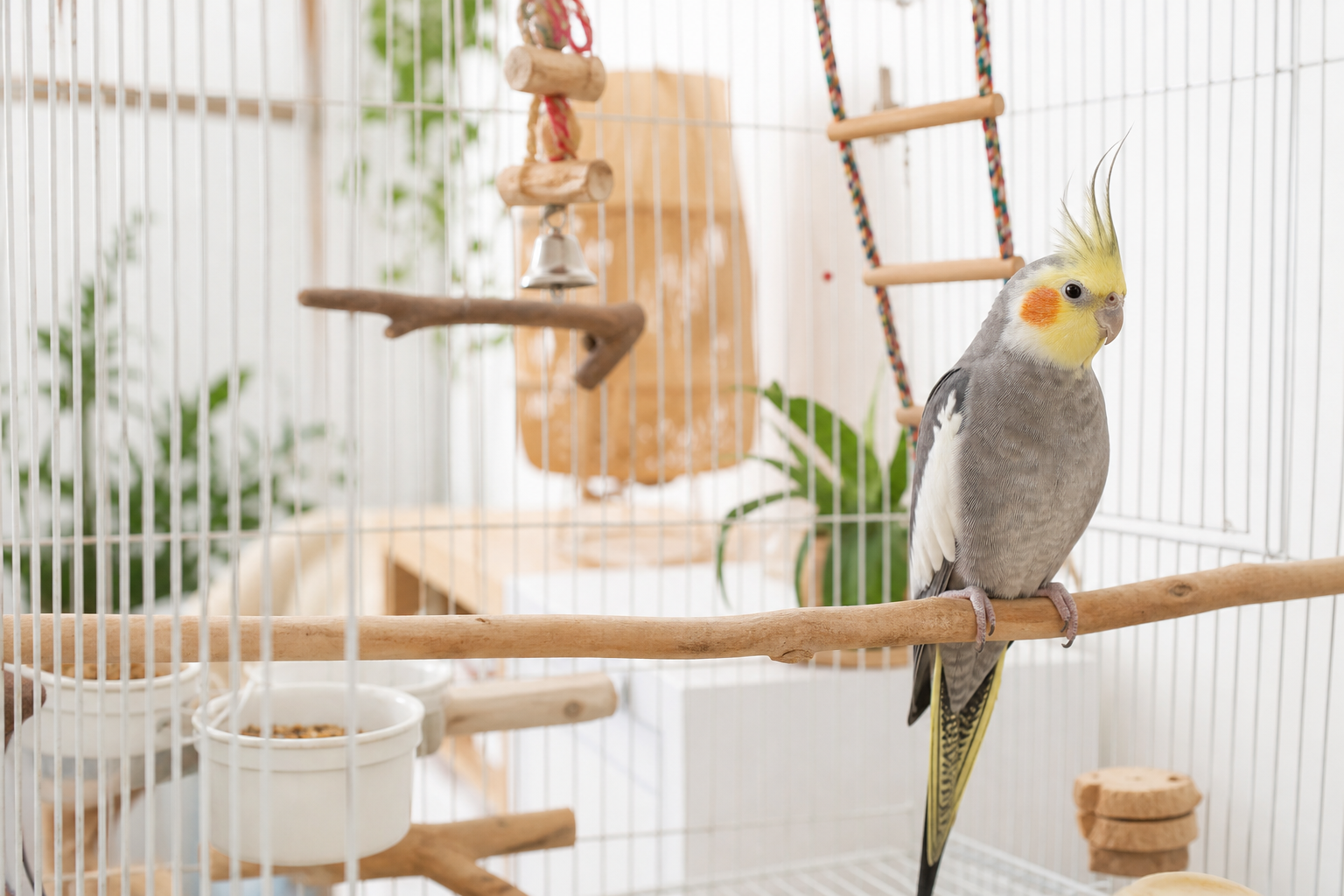 Cockatiel inside a spacious cage with perches and toys