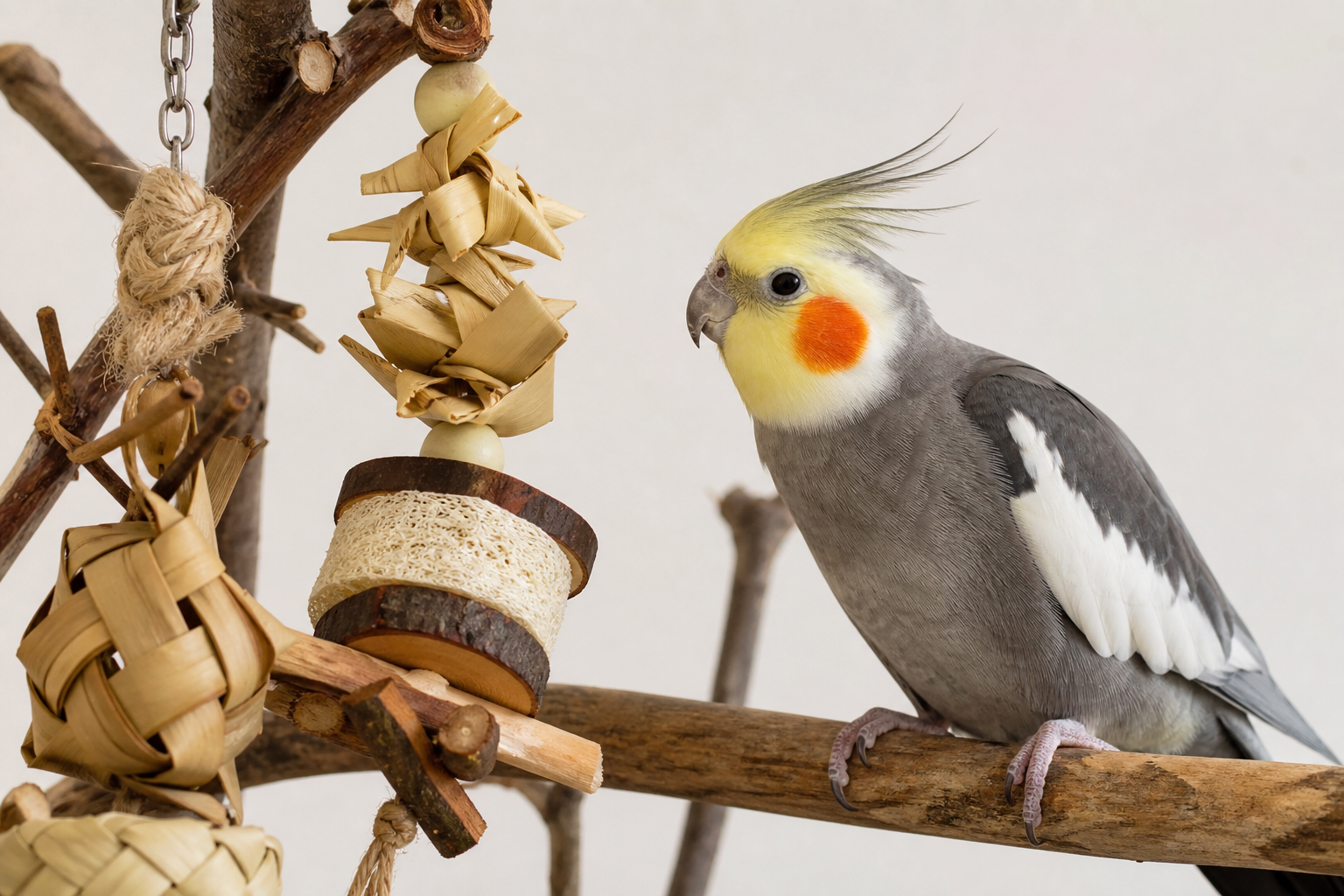 Cockatiel with foraging toys