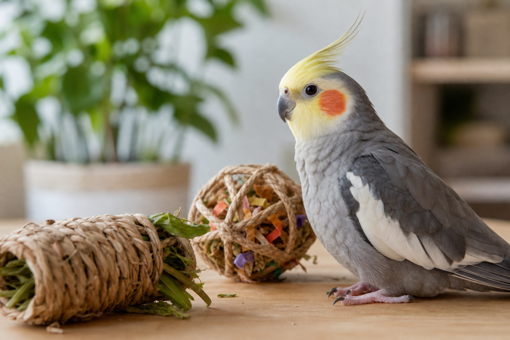 Calm cockatiel with enrichment foraging toys nearby