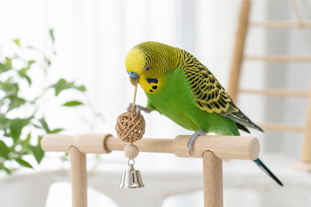 Green and yellow parakeet with lightweight toys