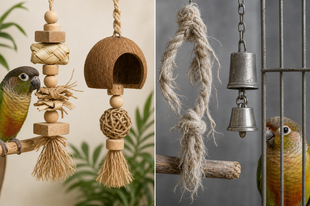 Comparison concept of safe natural bird toys versus unsafe materials